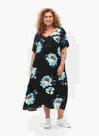 Blomstrete kjole med korte ermer i viskose, Black Big Flower, Model