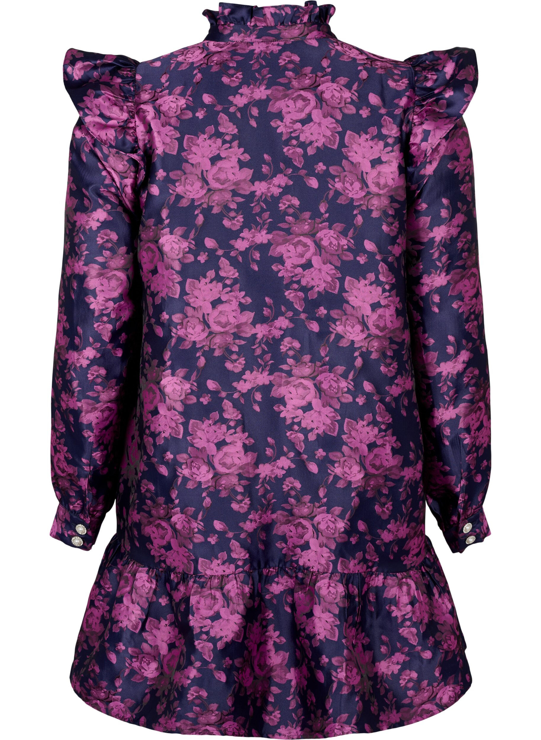 Zizzi Kjole med rysjedetalj og perleknapper, Dark Blue Pink, Packshot image number 1