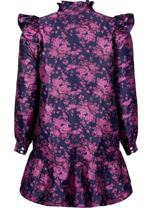 Kjole med rysjedetalj og perleknapper, Dark Blue Pink, Packshot image number 1