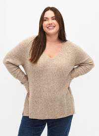 Strikket genser med splitt, Simply Taupe Mel., Model