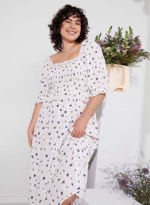 Blomstrete kjole med smock, , Model