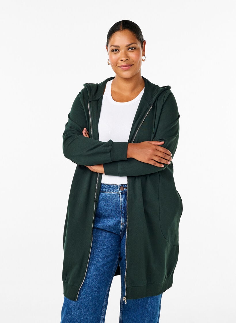 Lang treningscardigan i bomull med hette, Grønn, Model image number 0