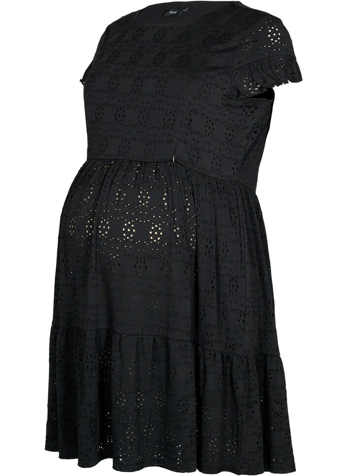 Kjole til gravide i broderi anglaise med ammefunksjon, Black, Packshot image number 0