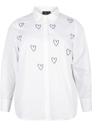 Zizzi Klassisk skjorte med broderte hjerter, Bright Wh.W. Blue H., Packshot image number 0