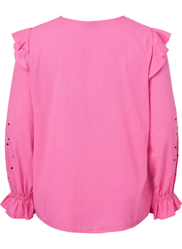Bomullsbluse med broderi og volanger, Rosa, Packshot image number 1
