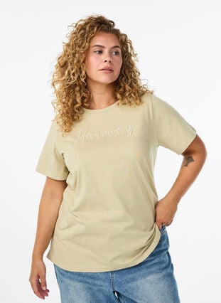 Zizzi T-skjorte i økologisk bomull med perletekst, Eucalyptus Wh.Pearls, Model image number 0