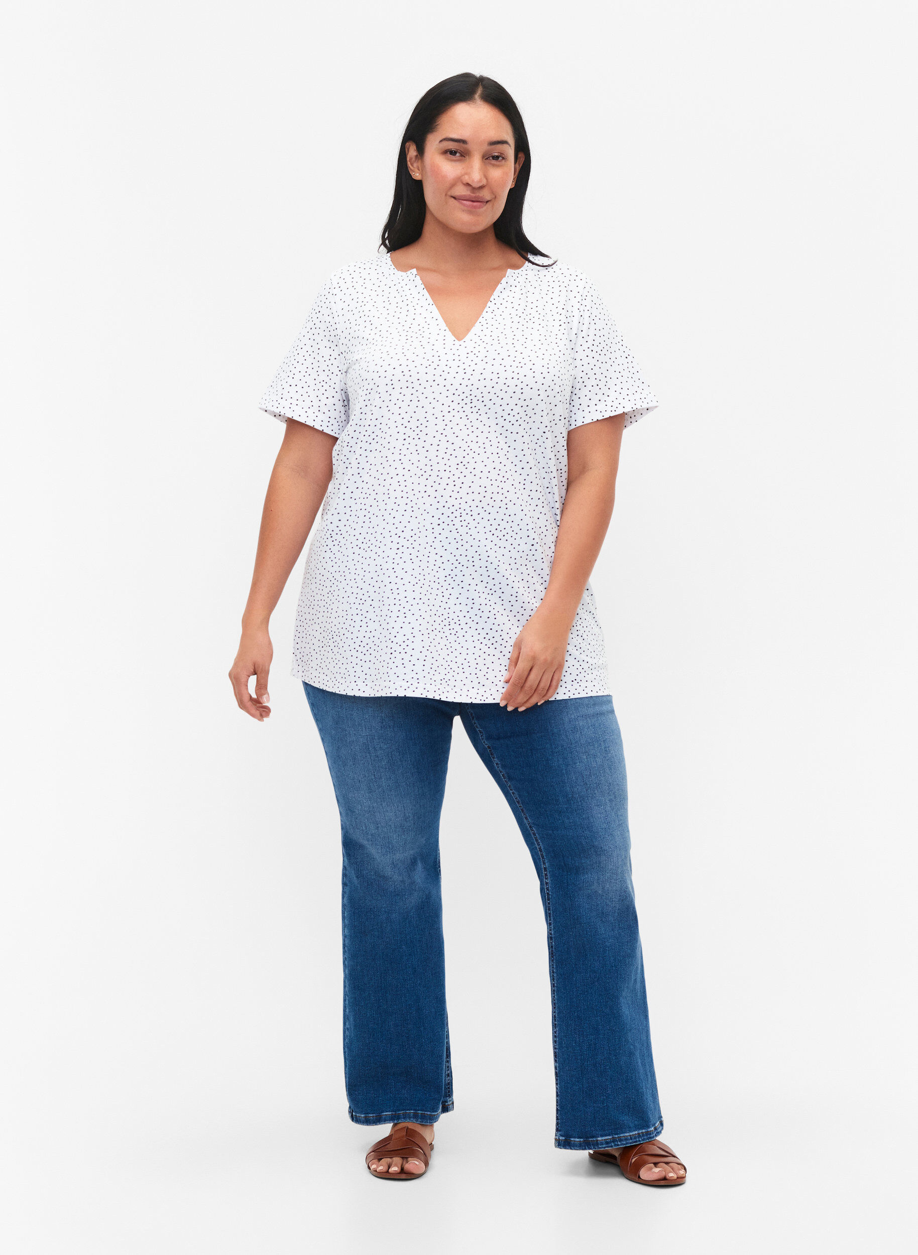 Zizzi T-skjorte i bomull med striper og v-hals, B.White/Black Dot, Model image number 2