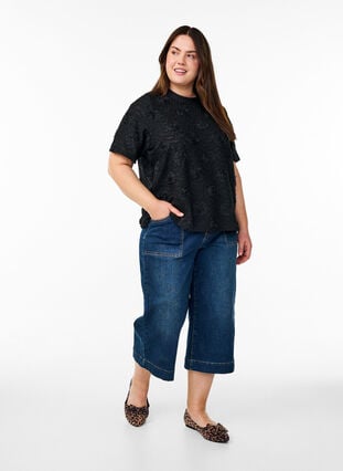 Zizzi Bluse med 3D-blomster og korte ermer, Svart, Model image number 1