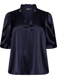 Bluse med satenglook, 1/2-ermer og volangkrage, Bl&aring;