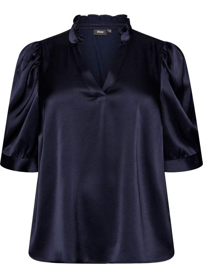 Bluse med satenglook, 1/2-ermer og volangkrage, Bl&aring;, Packshot image number 0