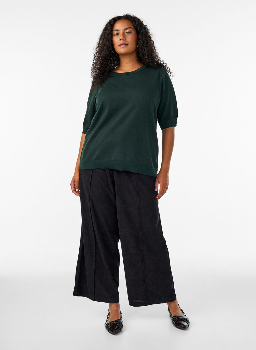 Finstrikket bluse med korte ermer, Gr&oslash;nn, Model image number 1