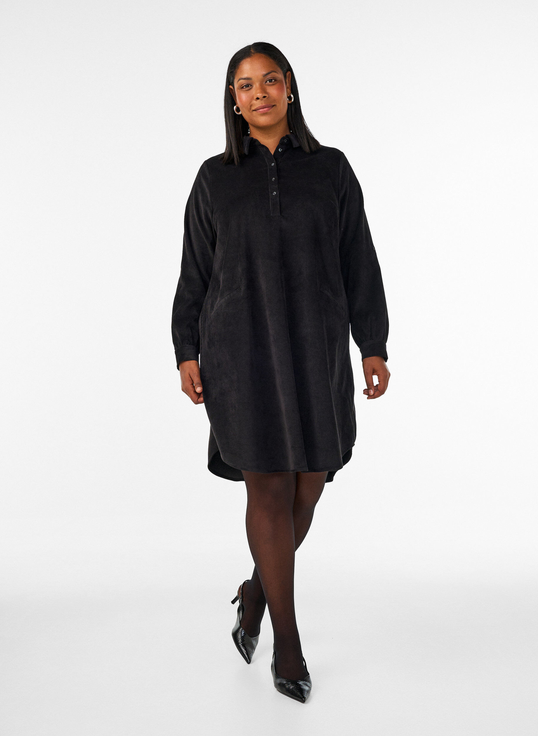 ZizziCordfl&oslash;yelskjole med krage og knappelukking, Svart, Model image number 1