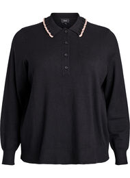 Strikkebluse med kruset polokrage, Svart