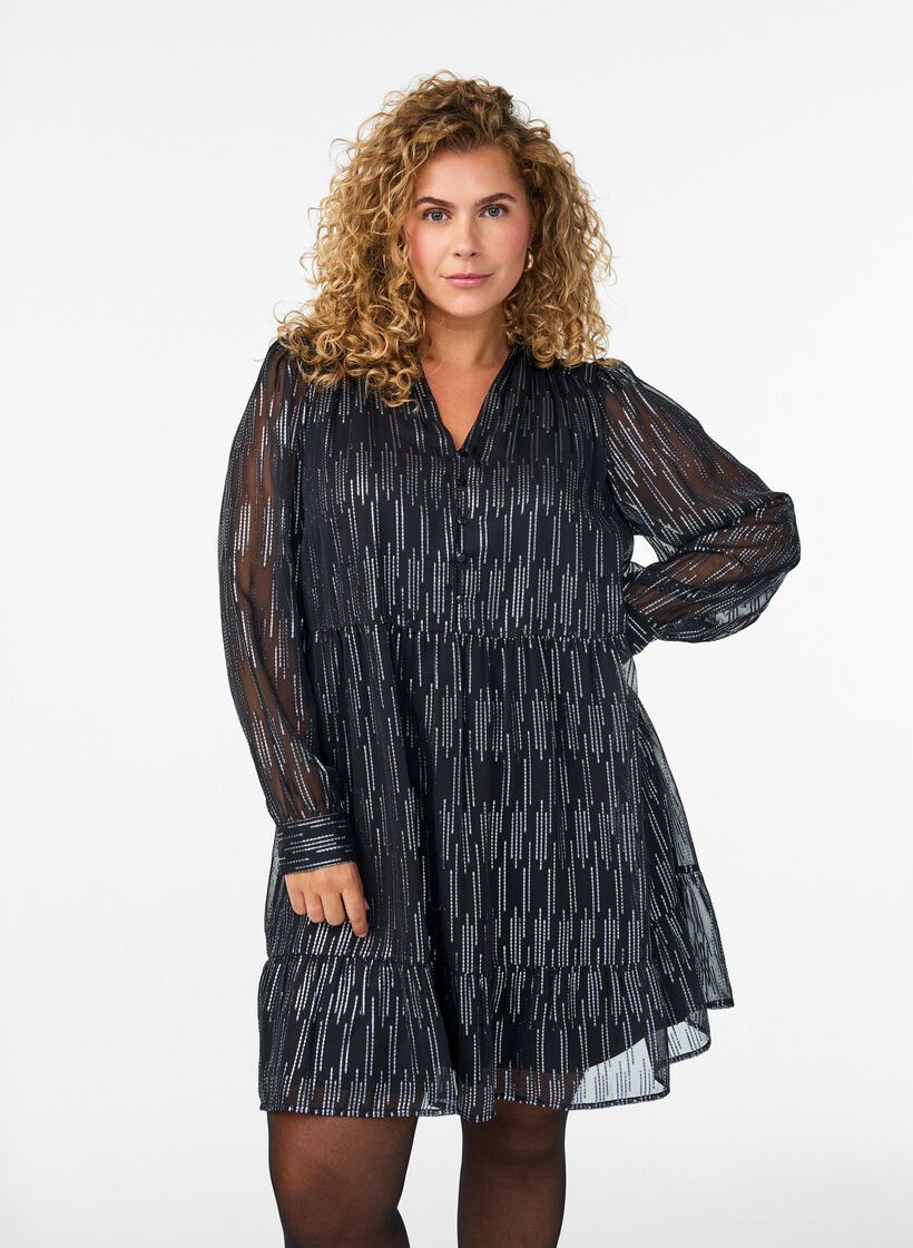 Kort festkjole med glittermønster, Svart, Model image number 0