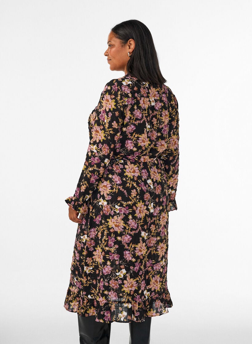 Midikjole med blomstertrykk og avtakbart knytebelte, Svart, Model image number 2