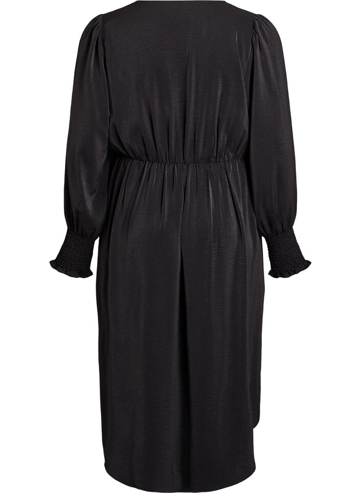 Midikjole med omslagslook og smock-ermer, Svart, Packshot image number 1
