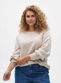 Strikket topp med hullmønster og ballongermer, Beige Strikket topp med hullmønster og ballongermer, Beige, Model