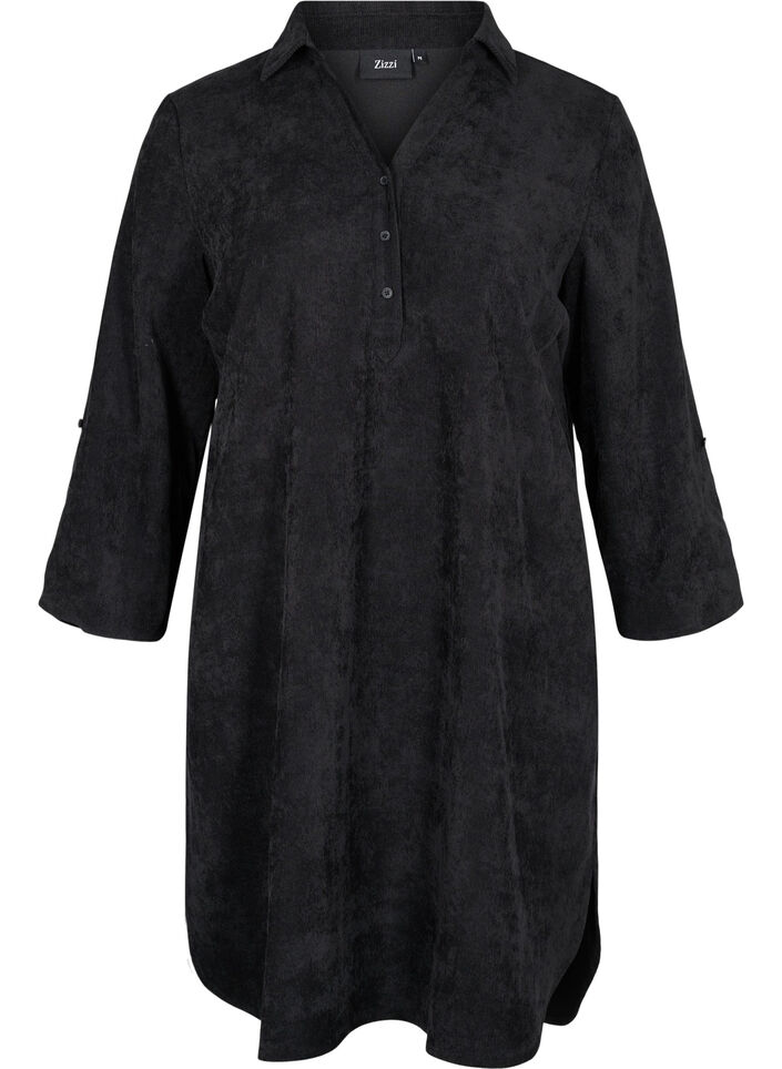 Fløyelskjole med 3/4-ermer og knapper, Black, Packshot image number 0