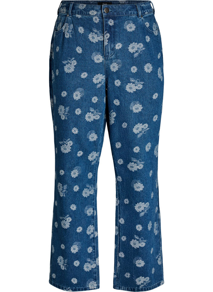 Gemma jeans med h&oslash;y midje og blomstertrykk, Bl&aring;, Packshot image number 0