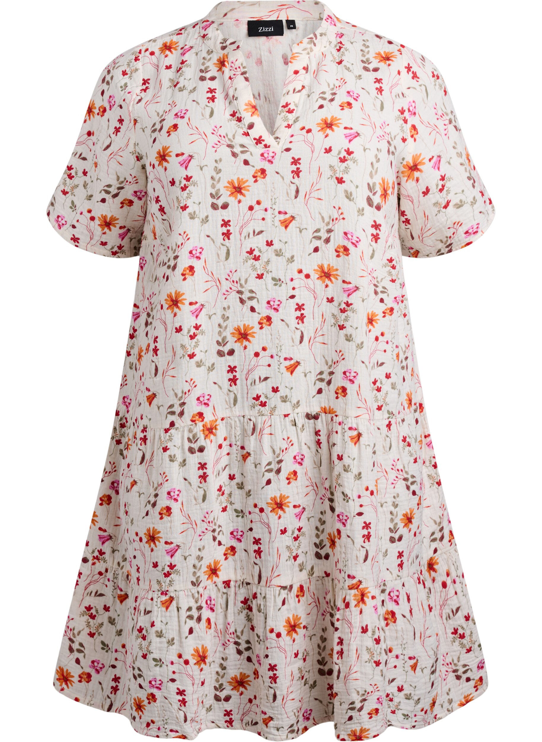 Zizzi Kort kjole av bomullsmuslin med blomster, Hvit, Packshot image number 0