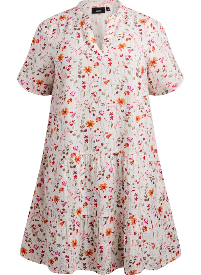 Kort kjole av bomullsmuslin med blomster, Hvit, Packshot image number 0