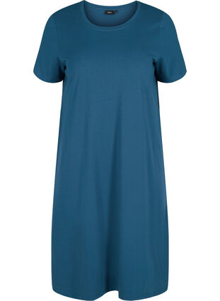 Kortermet kjole i bomull med splitter, Majolica Blue, Packshot image number 0
