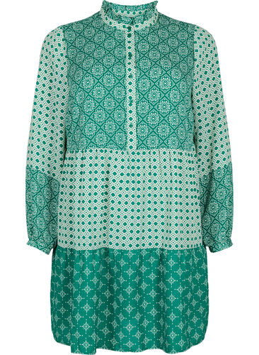 A-formet kjole med mønster og cutlines, Green AOP, Packshot image number 0