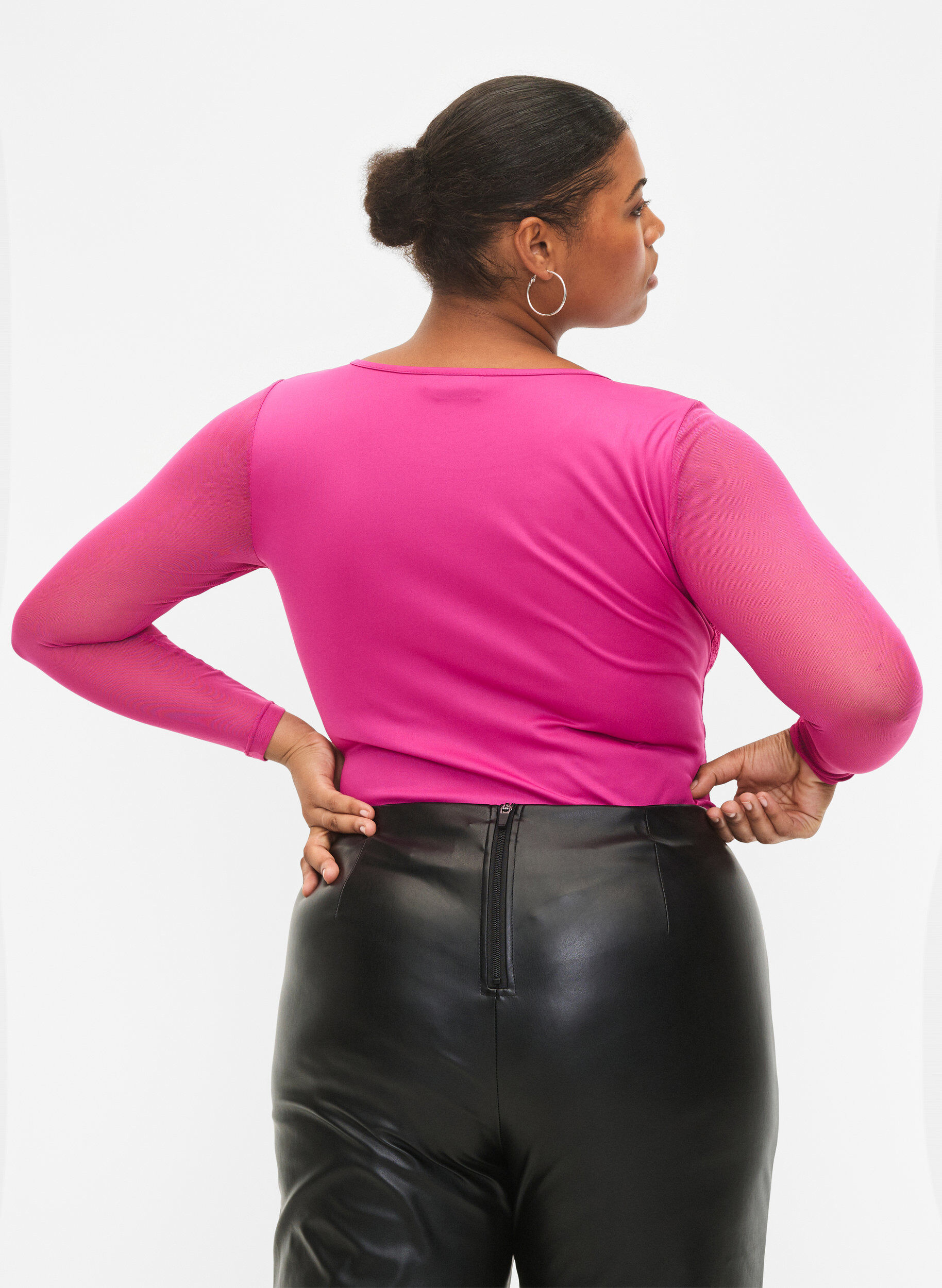 Zizzi Bodystocking med blondekant og mesh, Fuchsia Red, Model image number 1