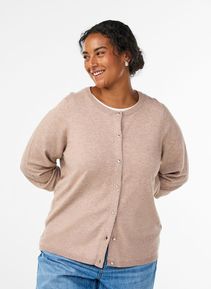 Cardigan med runde knapper, Beige, Model image number 0