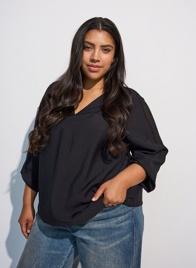 Bluse med ballongeffekt og chiffon-detaljer, Svart, Model image number 0