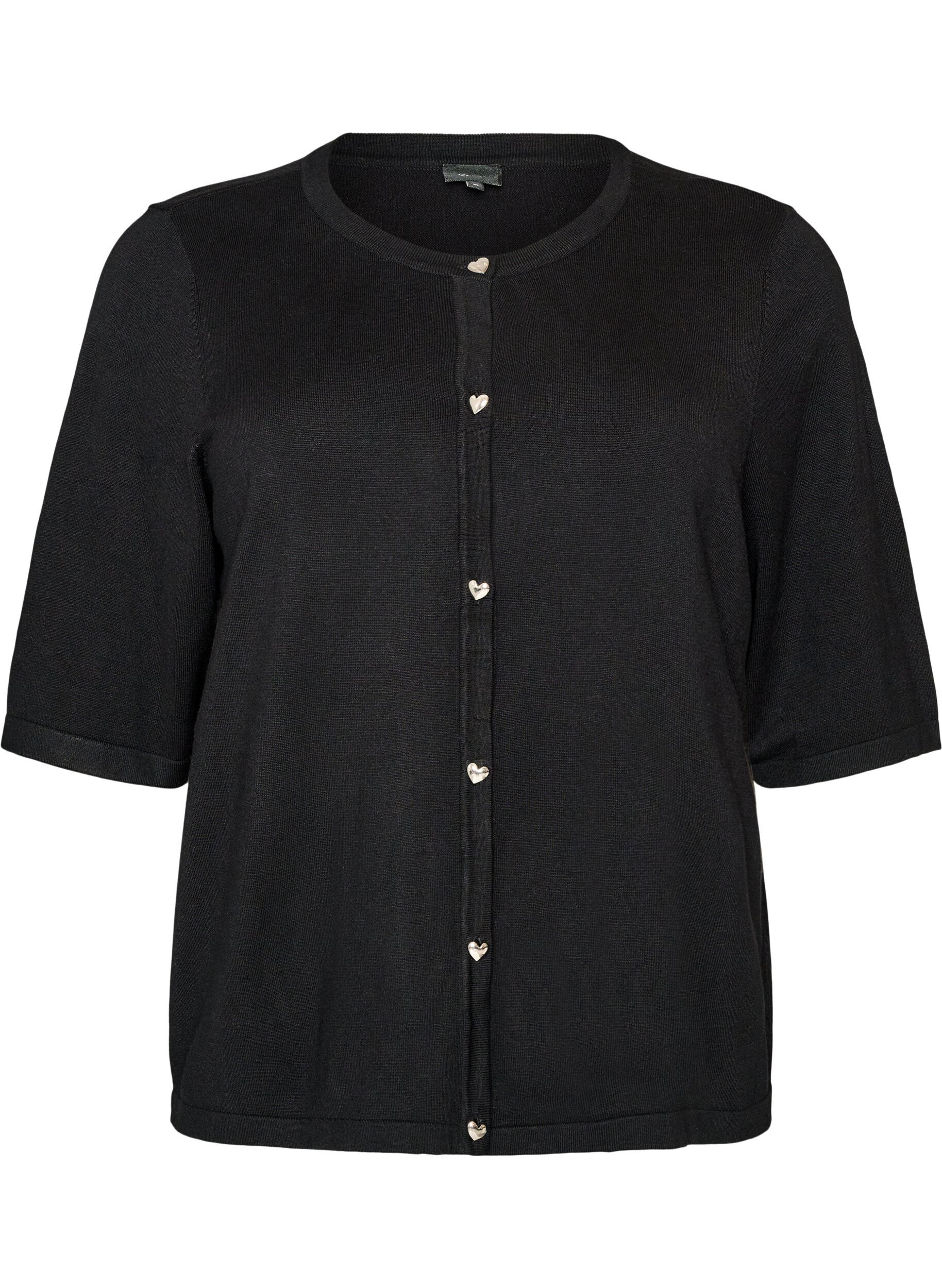 ZizziStrikket cardigan med hjerteknapper og korte ermer, Svart, Packshot image number 0