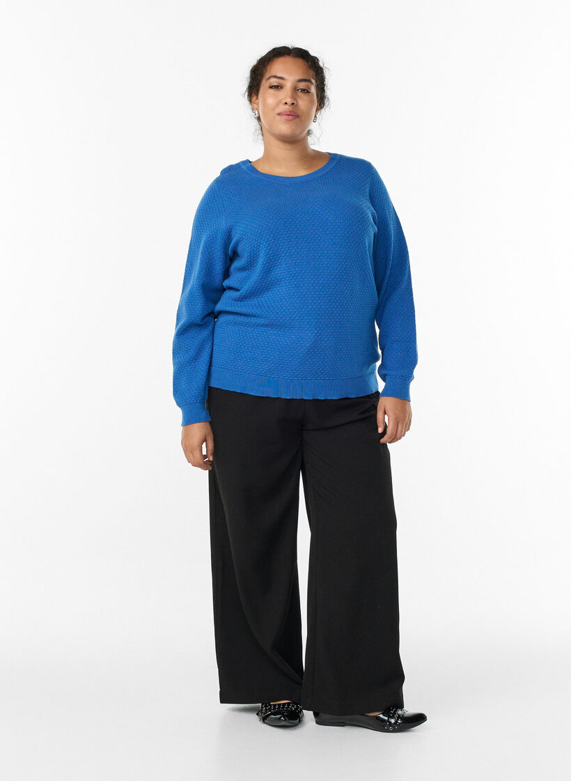 Strikkebluse i bomull med strukturmønster, Blå, Model image number 1