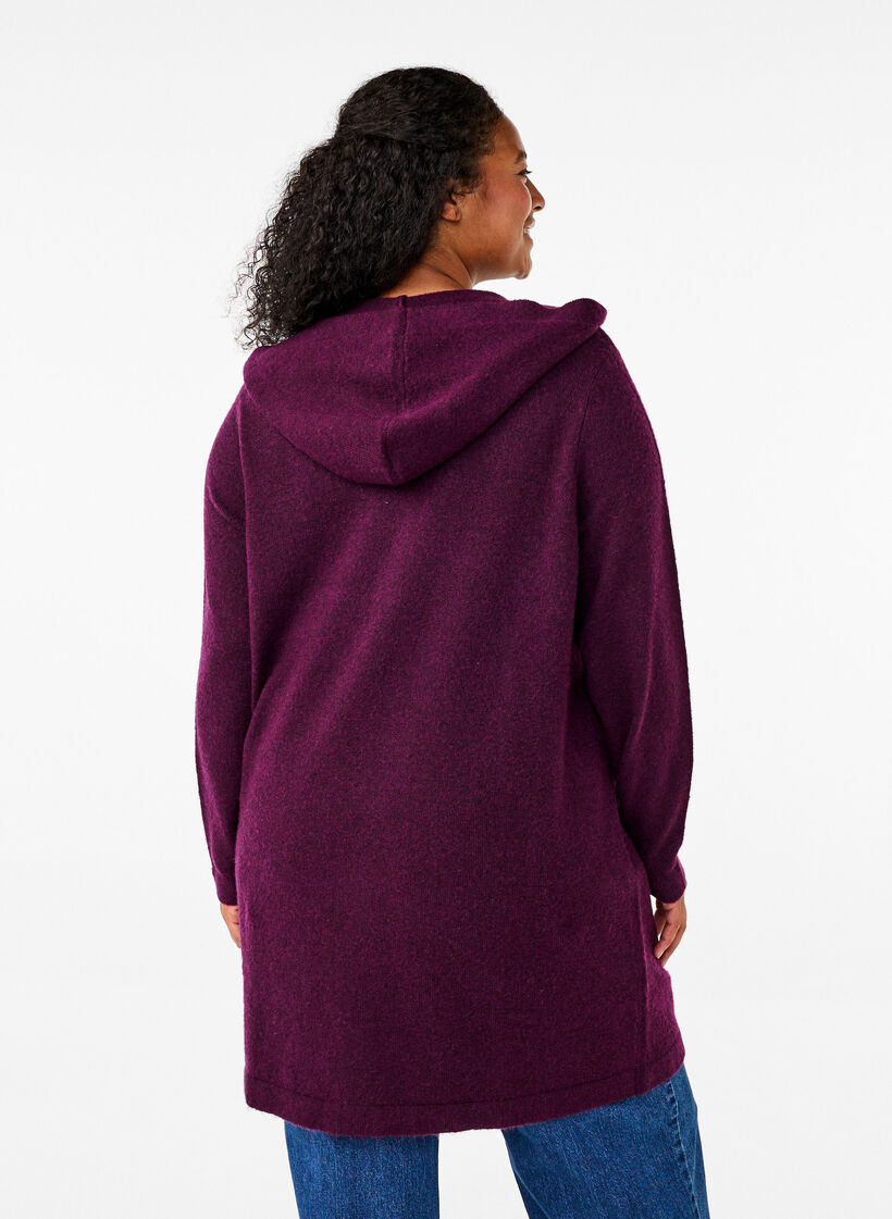 Lang strikket cardigan med ull og hette, Potent Purple Mel., Model image number 1