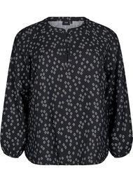 Langermet bluse med mønster og knapper, Black Small Fl. AOP