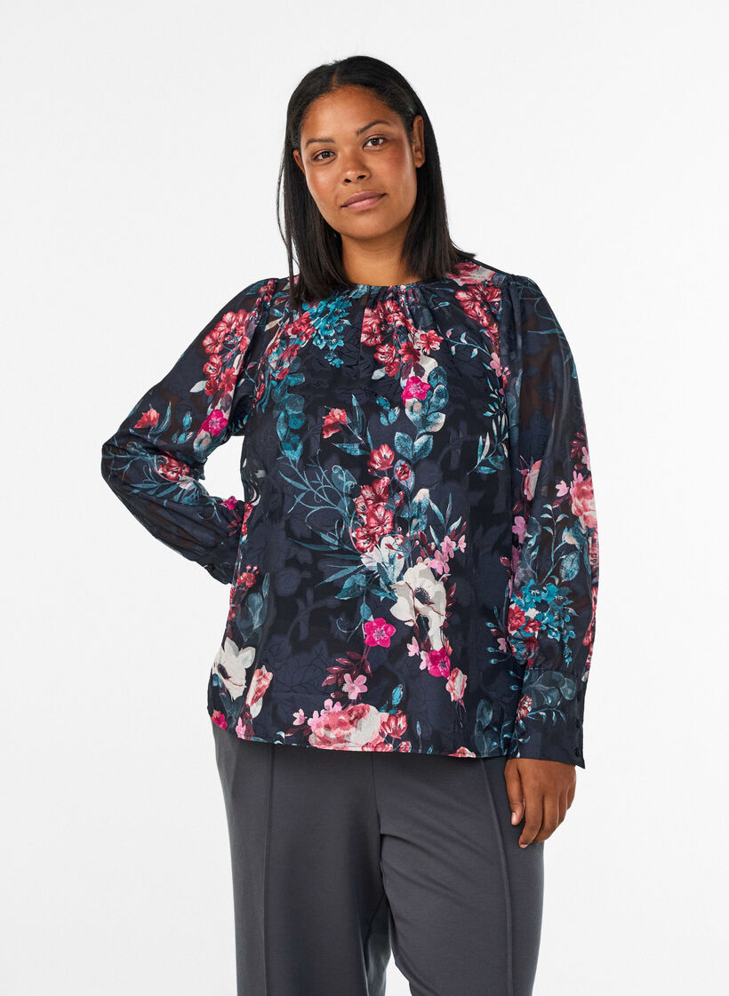 Bluse med blomstertrykk og vevd tekstur, Svart, Model image number 0