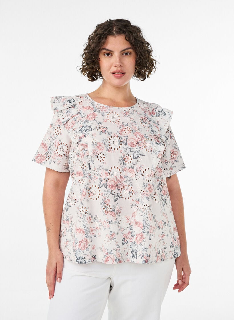Bluse i bomull med broderie anglaise og volanger, Rosa, Model image number 0
