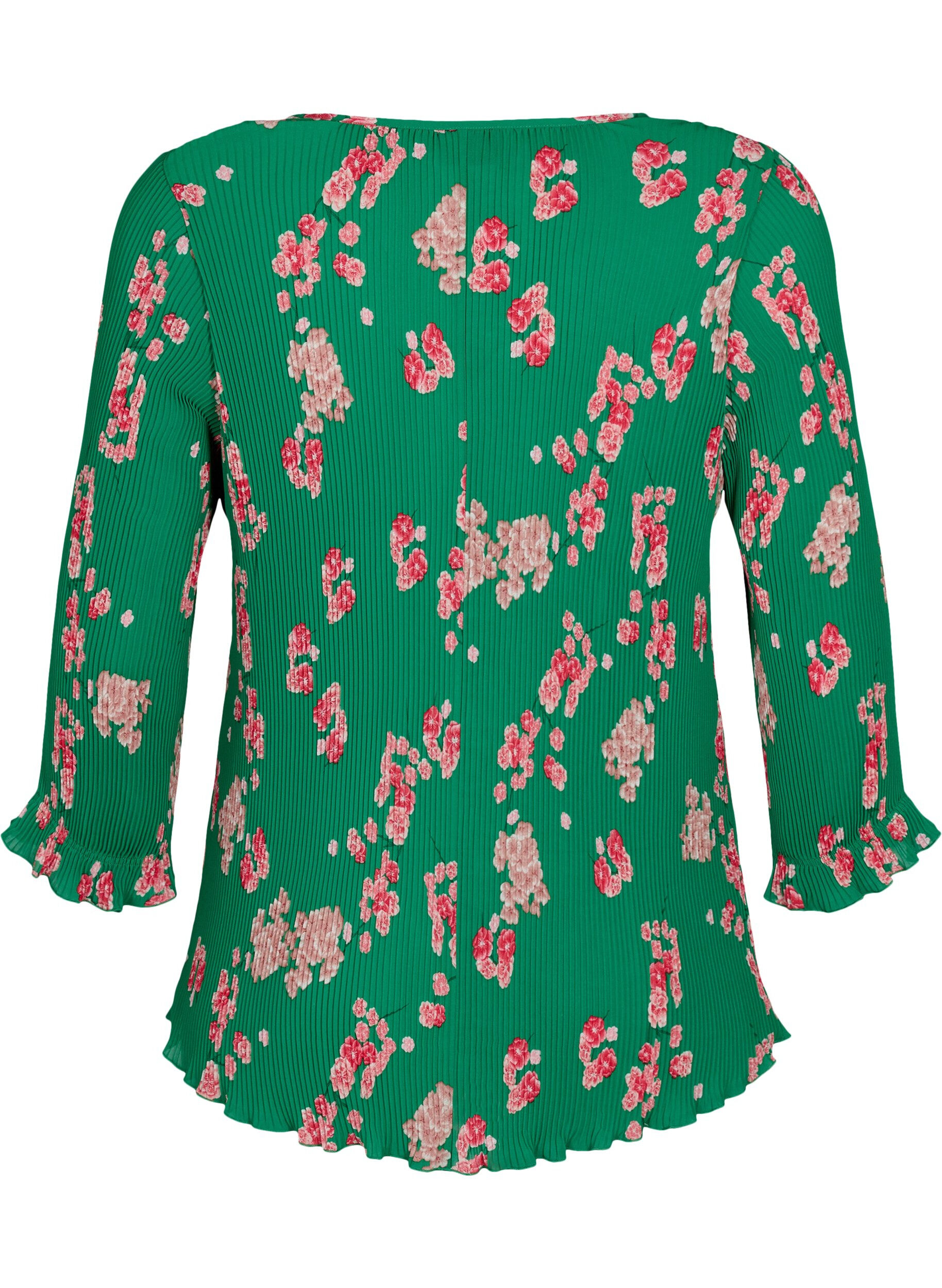Zizzi Bluse med pliss&eacute; og 3/4-ermer, Jolly Green Flower, Packshot image number 1