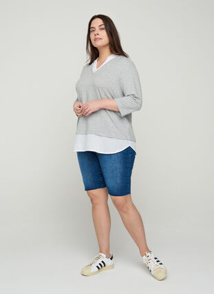Melert bluse med 3/4-ermer og skjortedetaljer, Light Grey Melange, Model image number 2