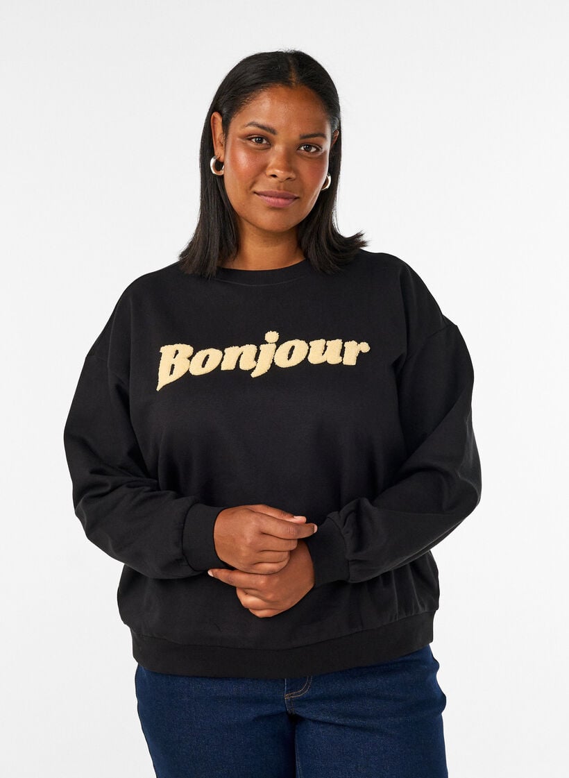 Genser med tekstmotiv i boucl&eacute;, Svart, Model image number 0