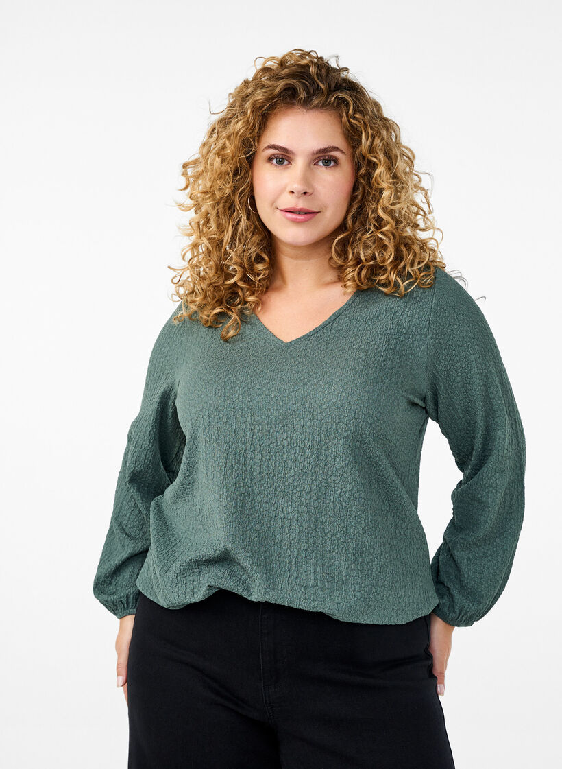FLASH - Bluse med tekstur og lange ermer, Balsam Green, Model image number 0