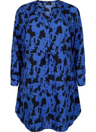 Kjole med trykk og snøring i midjen, Black Blue AOP, Packshot image number 0