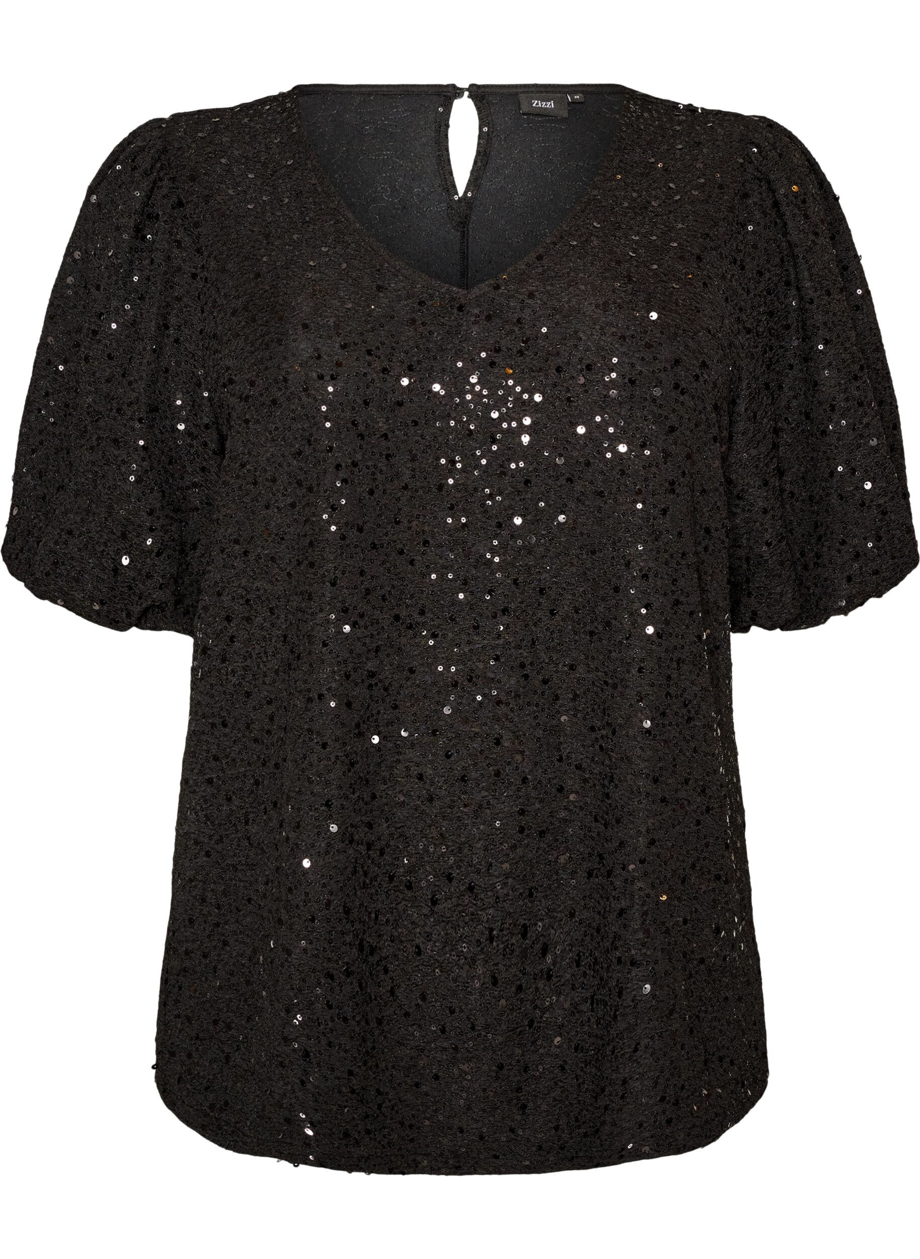 ZizziPaljettbluse med ballongermer, Svart, Packshot image number 0