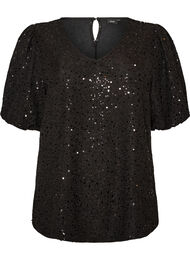 Paljettbluse med ballongermer, Svart