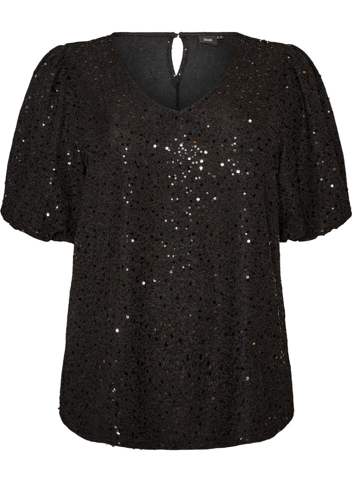 Paljettbluse med ballongermer, Svart, Packshot image number 0