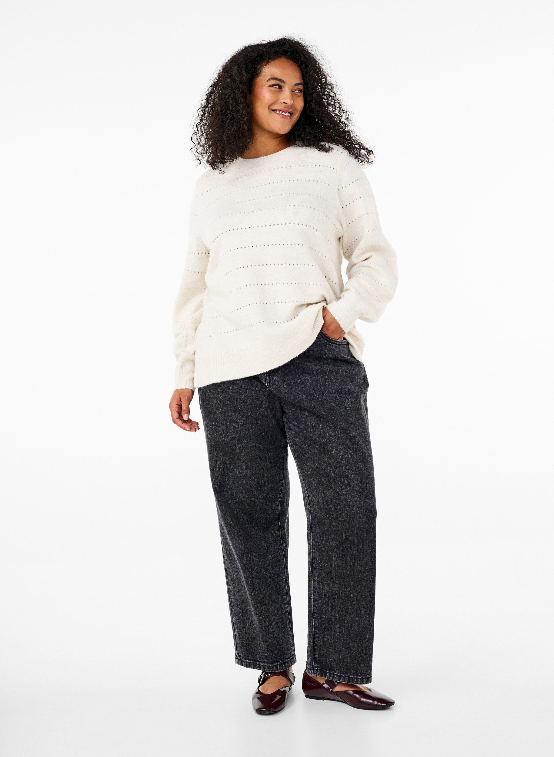 Zizzi Strikket bluse med rund hals og hulm&oslash;nster, Birch Mel., Model image number 2