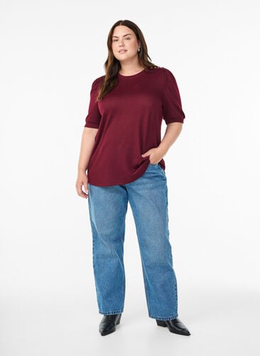 Zizzi Bluse med knappedetaljer og korte puffermer, Mørk Bordeaux, Model image number 1