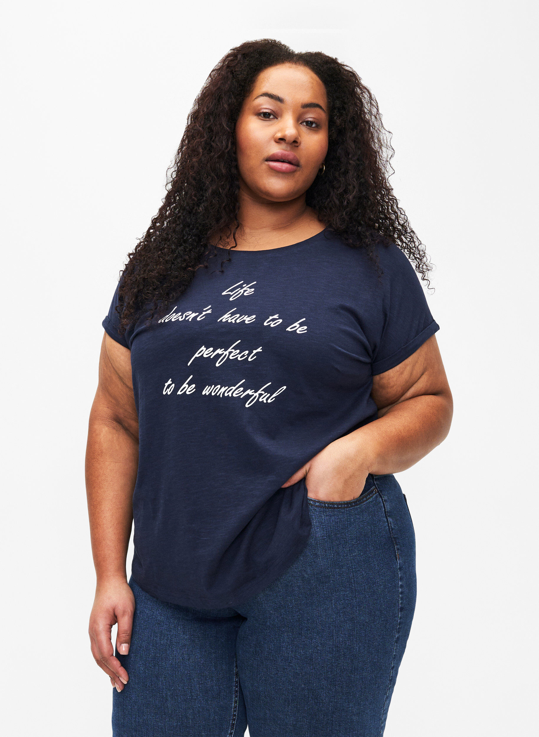 Zizzi T-skjorte med trykk i &oslash;kologisk bomull, N.Sky w. White Print, Model image number 0