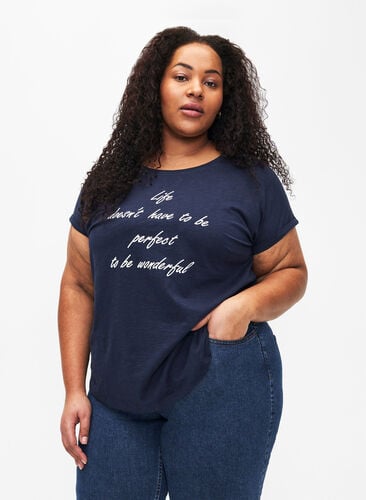 Zizzi T-skjorte med trykk i økologisk bomull, N.Sky w. White Print, Model image number 0