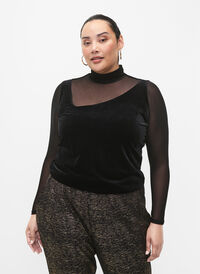 Bluse i fløyel med lange ermer i mesh	, Black, Model