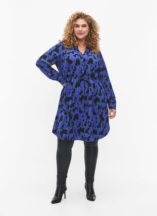 Kjole med trykk og snøring i midjen, Black Blue AOP, Model image number 2
